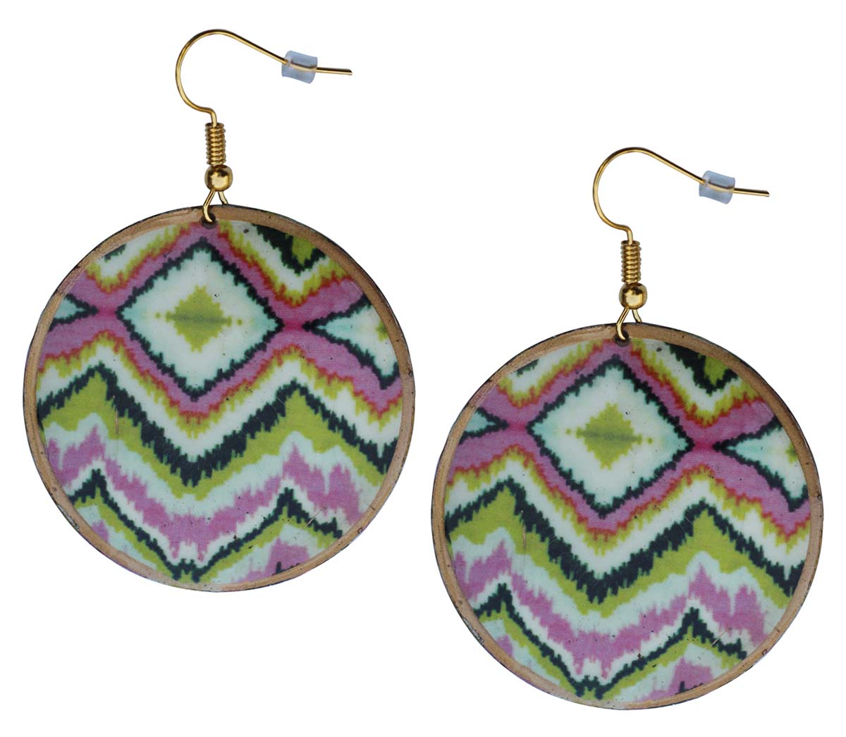 2.5” Round Brass Hook Earrings in Pink White Green Kilim Pattern - Drop Earrings / Accessories for Her - Buy in Bulk Wholesale